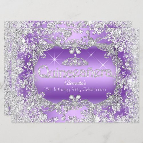 Quinceanera Purple Silver Tiara Winter Wonderland Invitation