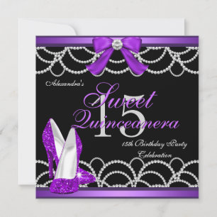 Quinceanera Purple Sweet 15 Party Glitter Black Invitation
