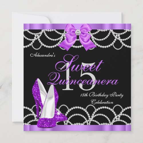 Quinceanera Purple Sweet 15 Party Glitter Black Invitation