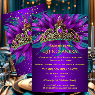 Quinceanera Purple Teal Blue Tiara Birthday Party Invitation