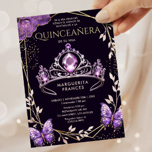 Quinceañera Purple Tiara Floral Butterfly Spanish  Invitation