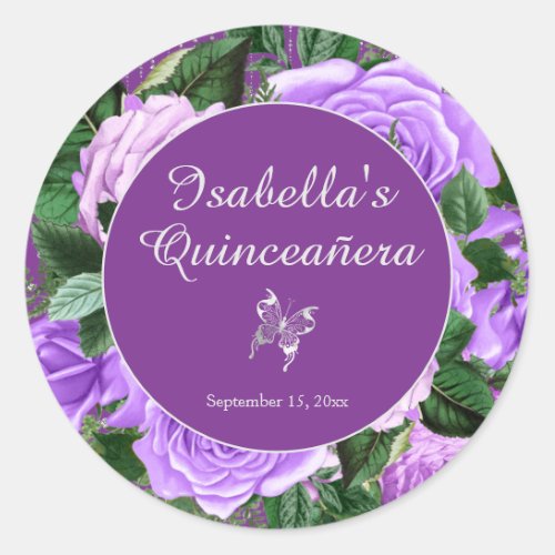 Quinceaera Purple Vintage Floral Butterfly  Classic Round Sticker