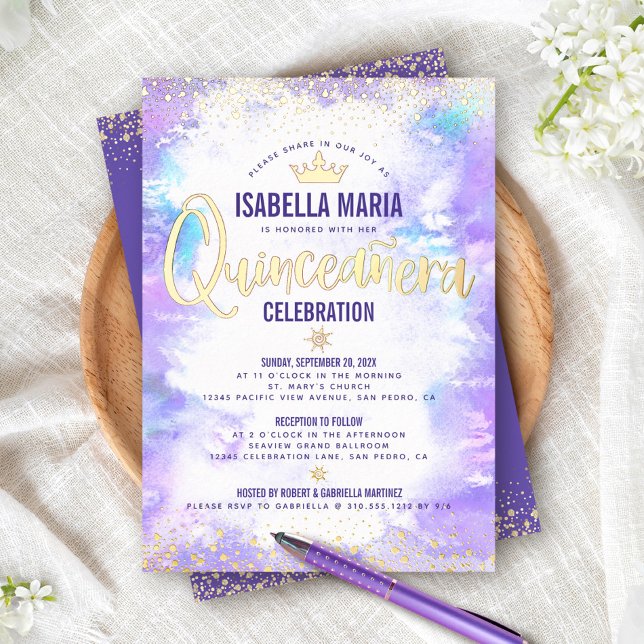 Quinceañera Purple Watercolor Chic Crown Real Gold Foil Invitation (Creator Uploaded)