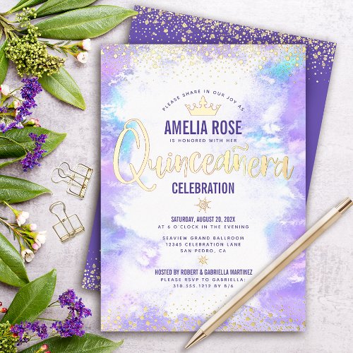 Quinceaera Purple Watercolor Glam Crown Real Gold Foil Invitation