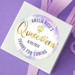 Quinceañera Purple Watercolor Gold Foil Elegant Classic Round Sticker