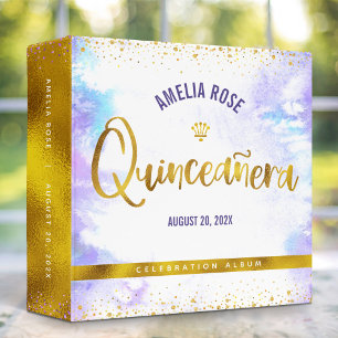 Quinceañera Purple Watercolor Gold Photo Album 3 Ring Binder