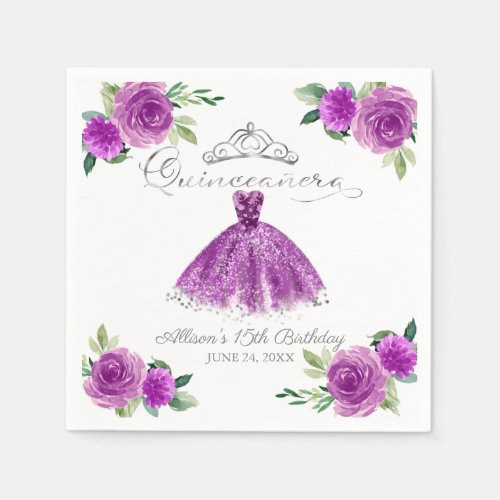 Quinceanera Purple Watercolor Gown Floral Napkins