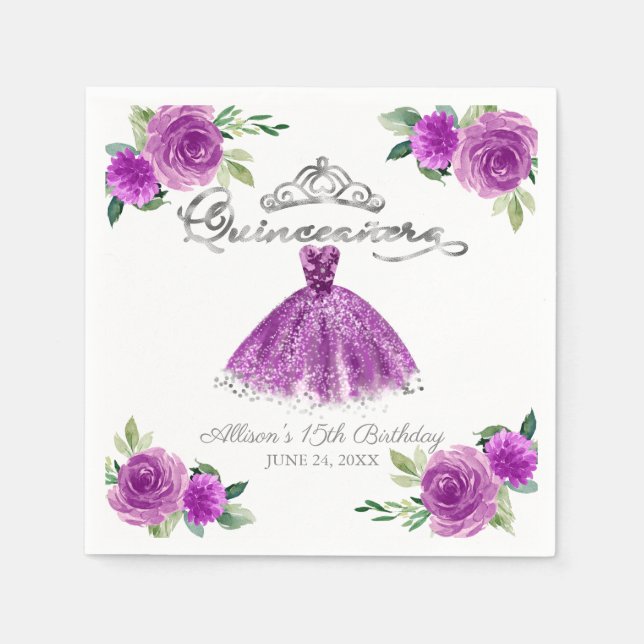 Quinceanera Purple Watercolor Gown Floral Napkins (Front)