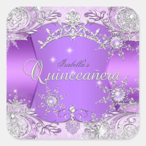 Quinceanera Purple Winter Wonderland Snowflakes Square Sticker