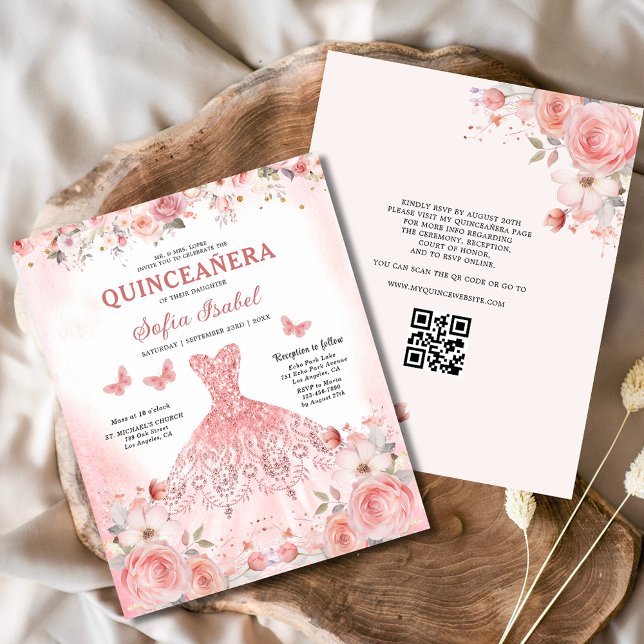 Quinceañera QR Code Blush Pink Rose Floral  Flyer (Creator Uploaded)