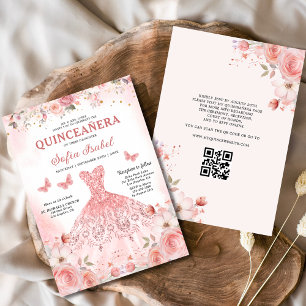 Quinceañera QR Code Blush Pink Rose Floral Invitation