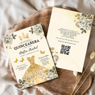 Quinceanera QR Code Floral Gold Princess Invitation