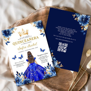 Quinceanera QR Code Royal Blue Butterfly Princess Invitation