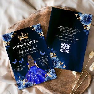 Quinceanera QR Code Royal Blue Butterfly Princess  Invitation