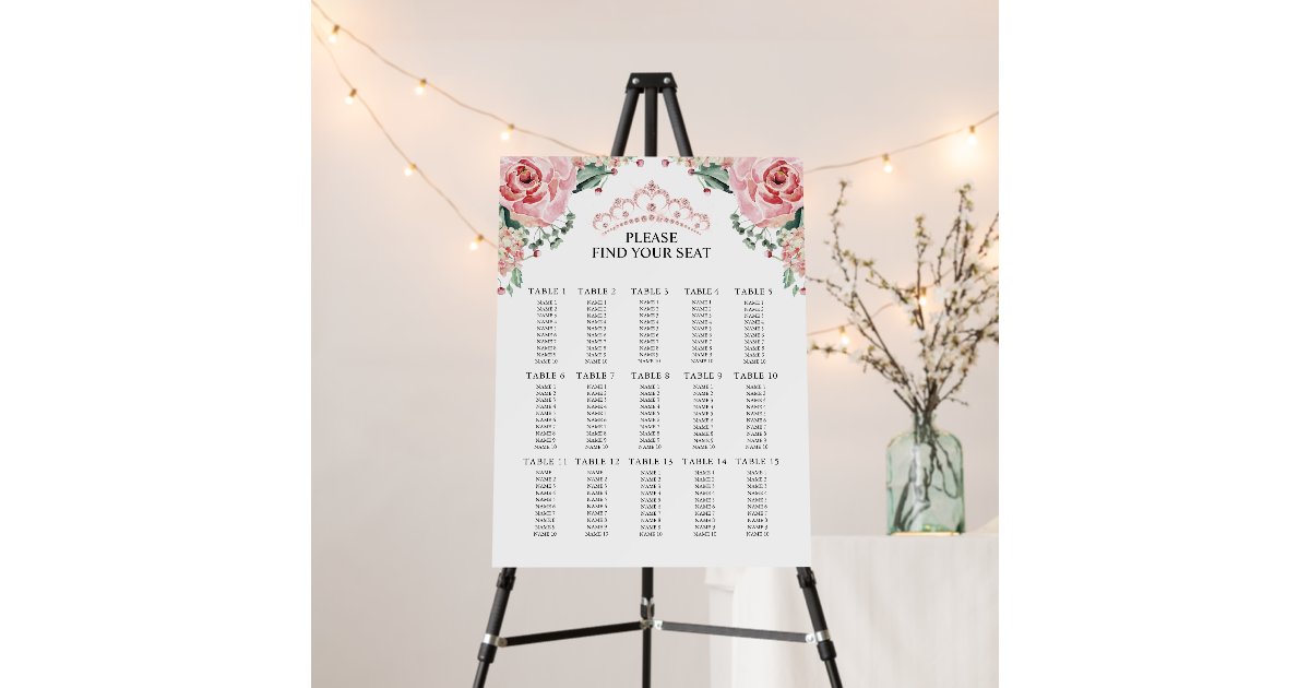 Quinceañera Quince Anos Pink Roses Seating Chart Foam Board Zazzle