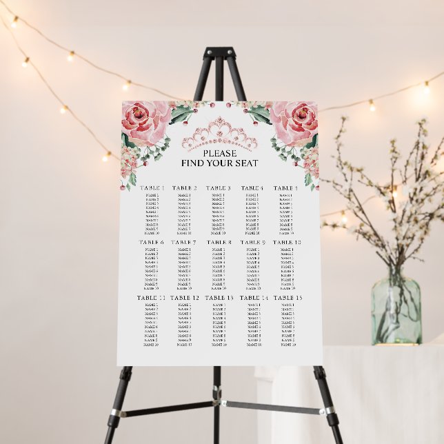 Quinceañera Quince Anos Pink Roses Seating Chart Foam Board (In Situ (Stand))