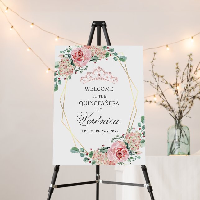 Quinceañera Quince Anos Pink Roses Welcome Sign (In Situ (Stand))