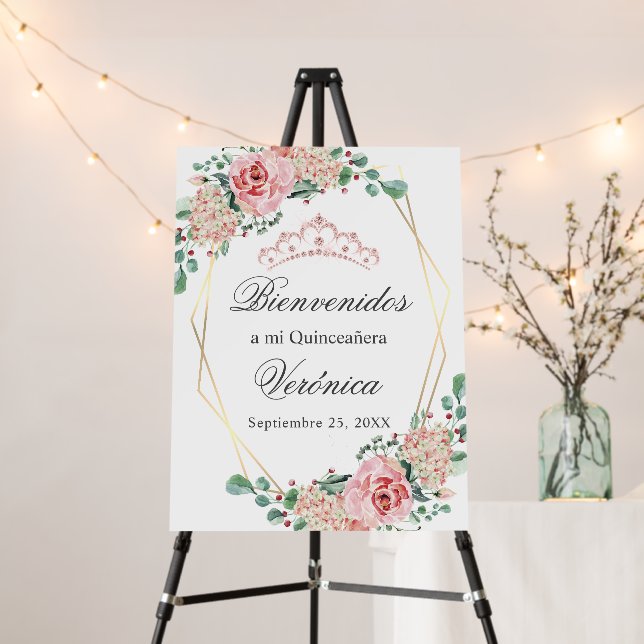 Quinceañera Quince Anos Pink Roses Welcome Sign (In Situ (Stand))