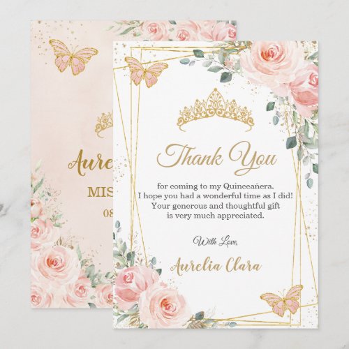 Quinceañera Quince Blush Pink Floral Butterflies  Thank You Card