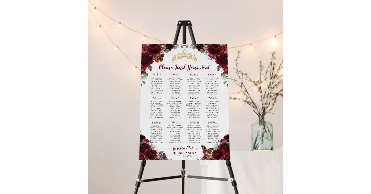 Quinceañera Quince Burgundy Floral Seating Chart Foam Board Zazzle