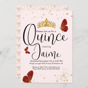 Quinceanera Quince Watercolor Butterflies Pink Red Invitation
