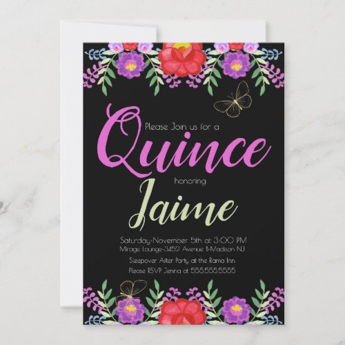 Quinceanera Quince Watercolor Floral Pink Black Invitation