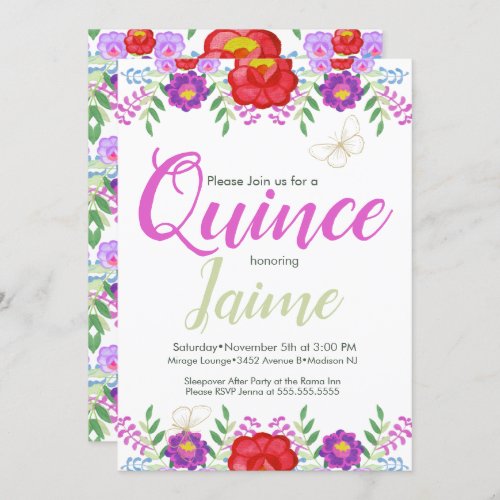 Quinceanera Quince Watercolor Floral Pink White Invitation