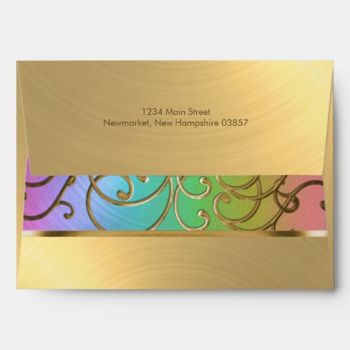 Quinceanera Rainbow and Gold Filigree Swirls Envelope