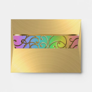 Quinceanera Rainbow and Gold Filigree Swirls Envelope