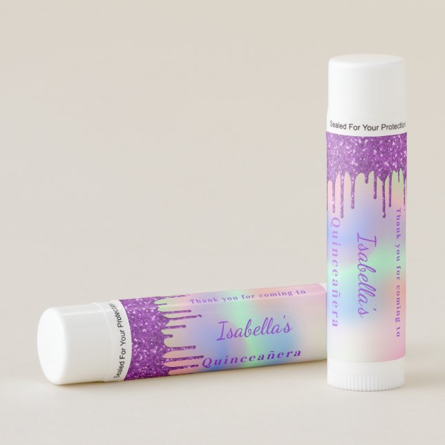 Quinceanera rainbow glitter monogram thank you lip balm (Front)