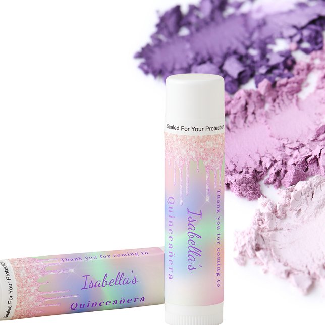 Quinceanera rainbow glitter pink name thank you lip balm (Creator Uploaded)