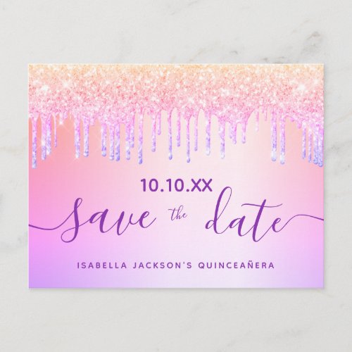 Quinceanera rainbow glitter pink save the date postcard