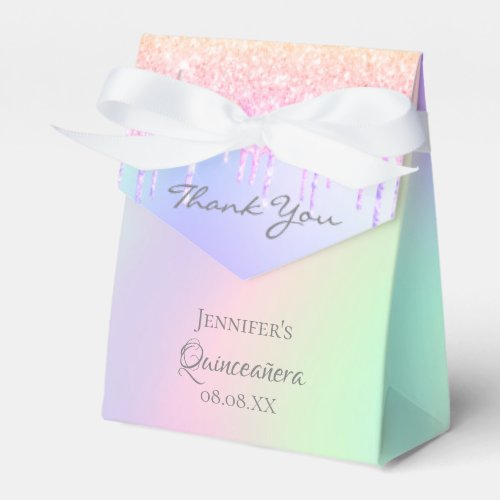 Quinceanera rainbow glitter rose gold thank you favor boxes