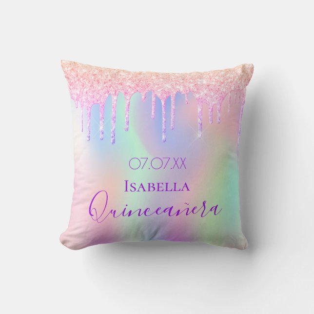 Quinceanera rainbow rose gold pink glitter throw pillow (Front)