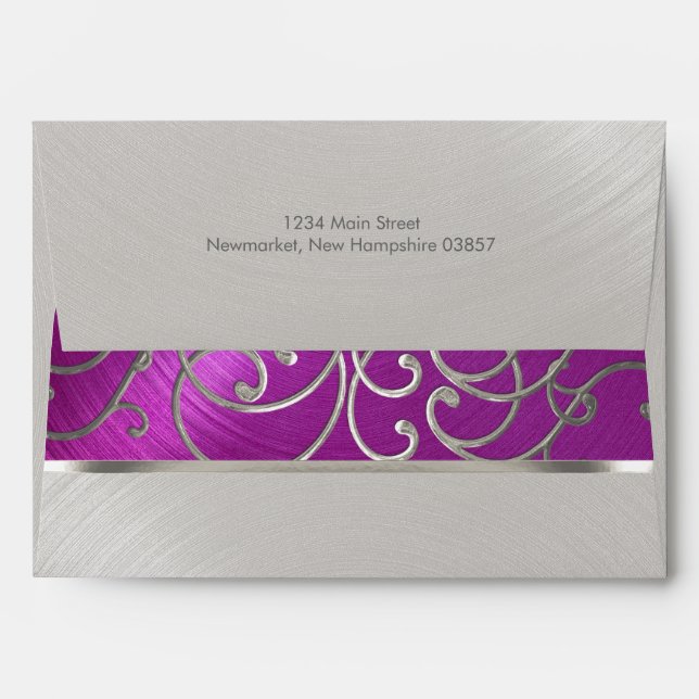 Quinceanera Raspberry and Silver Filigree Swirls Envelope (Back (Top Flap))