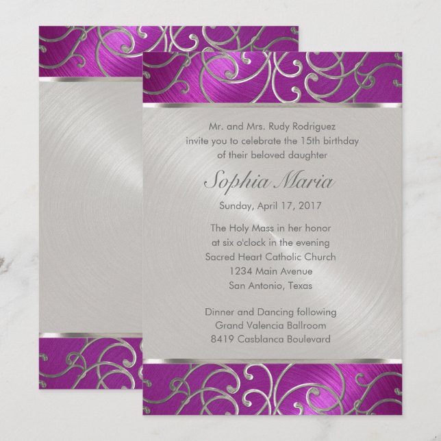 Quinceanera Raspberry and Silver Filigree Swirls Invitation (Front/Back)