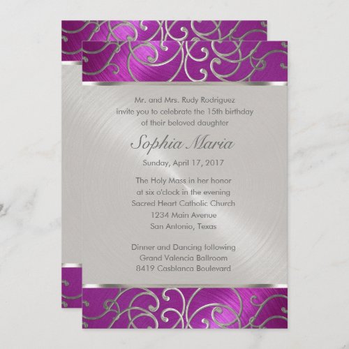 Quinceanera Raspberry and Silver Filigree Swirls Invitation