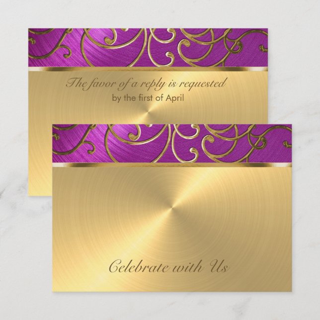 Quinceanera Raspberry Pink Gold Filigree Swirls Invitation (Front/Back)