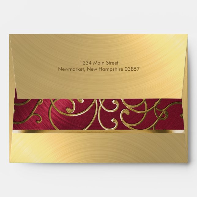 Quinceanera Red and Gold Filigree Swirls Envelope (Back (Top Flap))
