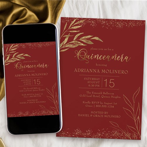 Quinceanera Red and Gold Leaf Elegant Invitation