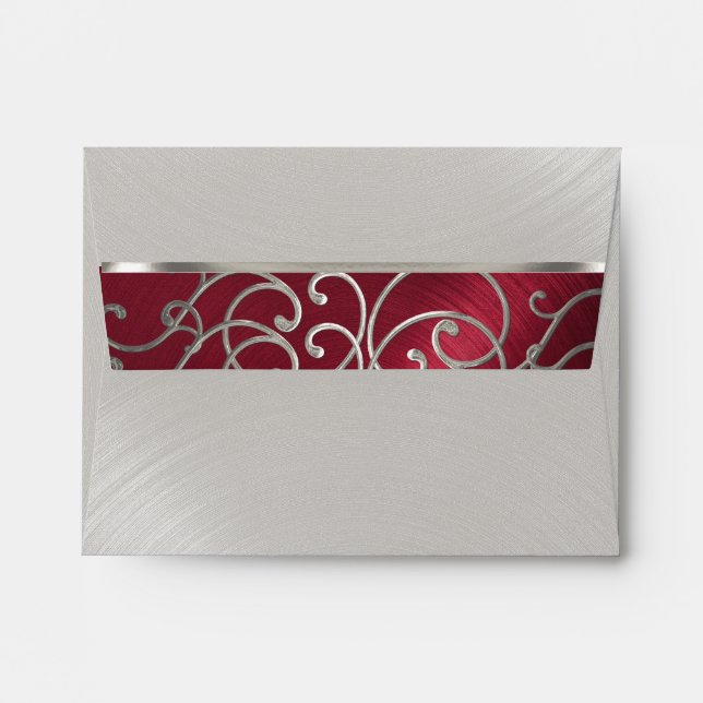 Quinceanera Red and Silver Filigree Swirls Envelope (Back (Top Flap))
