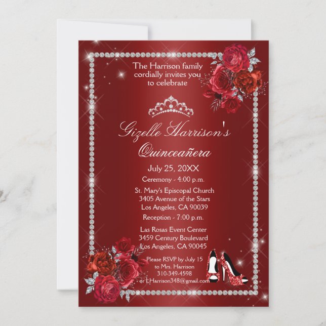 Quinceanera Red and Silver Floral Elegant Invitation (Front)