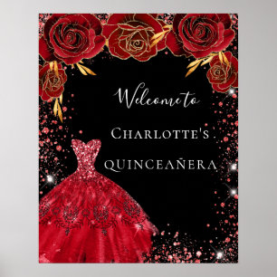 Quinceanera red black dress florals welcome poster