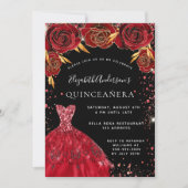 Quinceanera red black glitter dress florals invitation (Front)