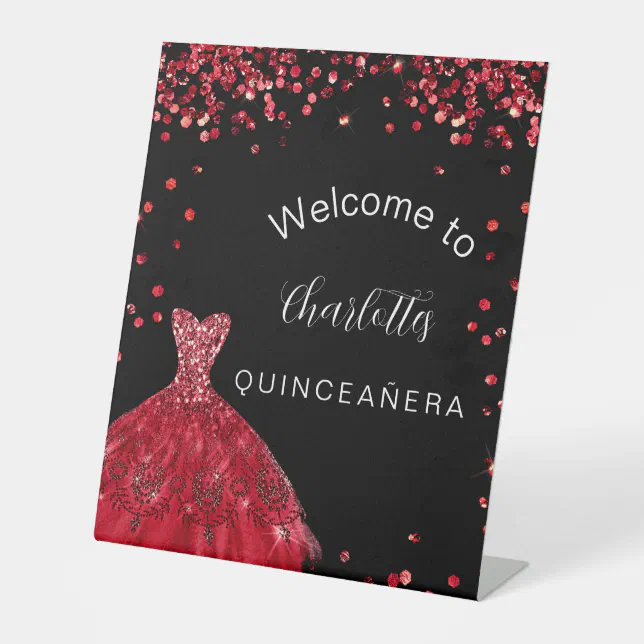 Quinceanera red black glitter dress welcome pedestal sign | Zazzle