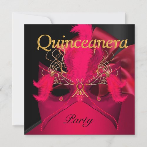 Quinceanera Red Black Gold Mask Masquerade Invitation