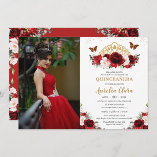 Quinceañera Red Blush Floral Butterflies Crown Invitation