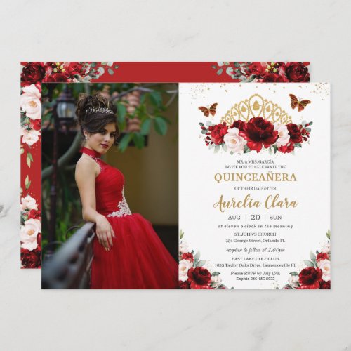 Quinceaera Red Blush Floral Butterflies Crown Invitation