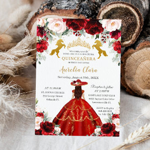 Quinceañera Red Blush Floral Charro Gold Horses Invitation