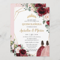 Quinceañera Red Blush Pink Rose Gold Floral Twins  Invitation